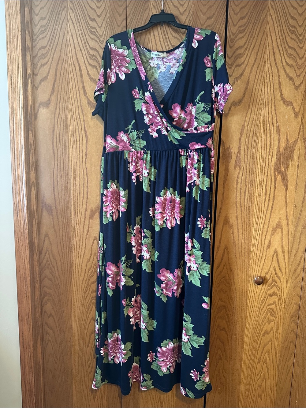 Navy Maxi Dress with Pink Floral Print and Wrap Front